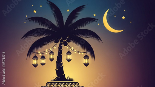 Silhouette of a palm tree decorated with glowing lanterns and fairy lights under a crescent moon and starry night sky evoking a festive tropical evening