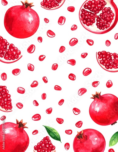 Watercolor illustration of pomegranates, seeds, and leaves