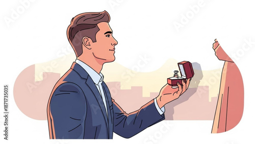 Man proposing with engagement ring in a box romantic gesture for marriage proposal city skyline background illustration
