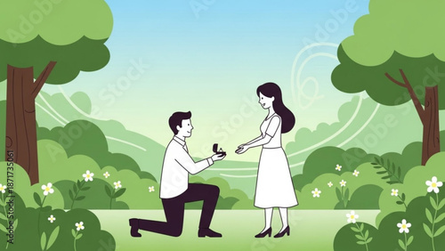 Man proposing marriage to woman with engagement ring in a park romantic proposal scene flat vector illustration for wedding or relationship concepts