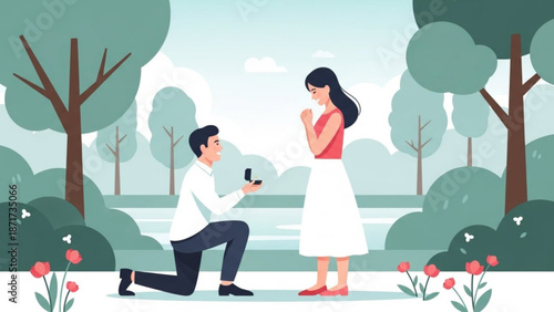 Man proposing marriage to woman in a park romantic engagement scene with ring box illustration for wedding or relationship concepts