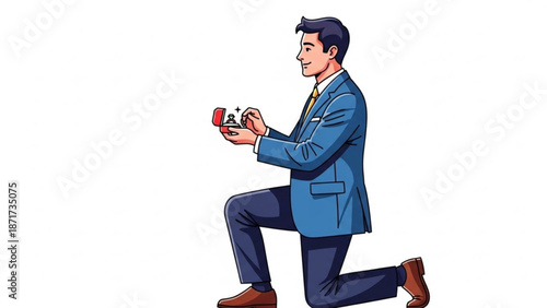 Man in suit proposing with engagement ring in a box romantic gesture for marriage proposal isolated on white background