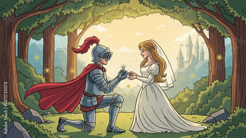 Knight proposing to bride with ring in forest clearing fairytale romance medieval castle background illustration for storybook