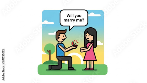 Man proposing marriage with ring box woman accepting proposal romantic scene with speech bubble saying Will you marry me flat vector illustration for love and relationship concepts