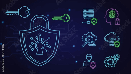 Cybersecurity icons representing digital security and data protection.