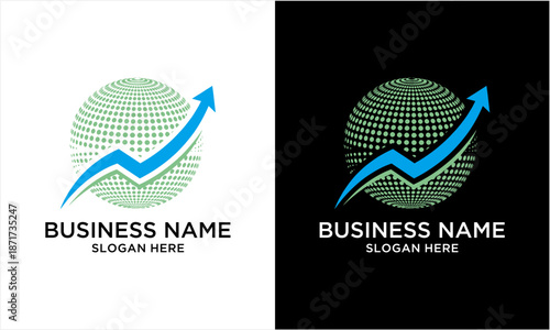 Global Business Growth Logo with Upward Arrow and Dotted Sphere Design.