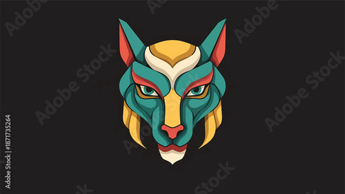 Vibrant and stylized wolf head illustration with intricate geometric patterns and bold colors.
