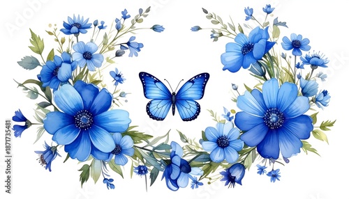 Watercolor wreath of blue flowers, leaves, and butterfly