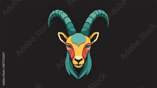 Vibrant artistic illustration of a goats head with detailed features and colors.