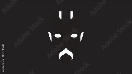 Minimalist face design with eyes, mustache, and horns on a dark background.