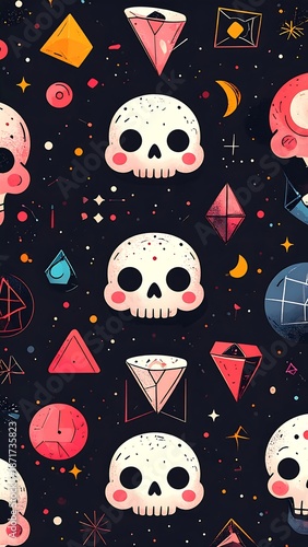 Whimsical illustration features skulls, gems, celestial elements