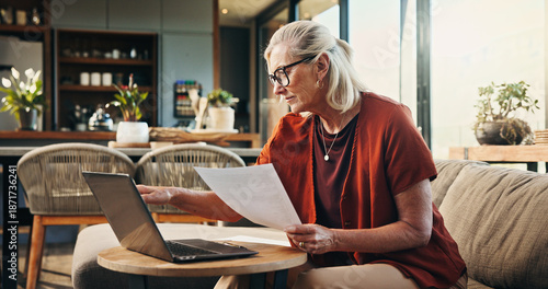 Tableau sur toile Documents, laptop and senior woman on sofa in home planning for retirement fund with savings