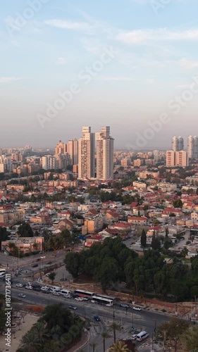 Aerial Sunrise Over Central Beersheba Skyline, Israe, Urban Cityscape at Dawn