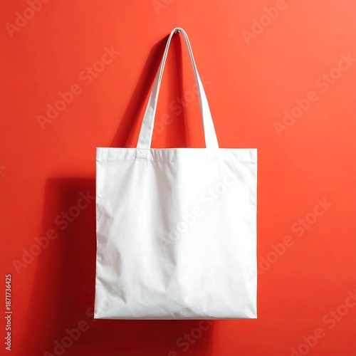 White tote bag with long handles, set against a vibrant red backdrop