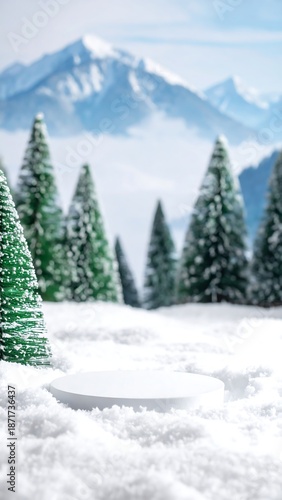 Winter scene with snowy foreground, stage, and snowy mountain range