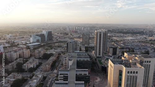 Aerial Sunrise Over Central Beersheba Skyline, Israe, Urban Cityscape at Dawn