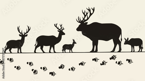 Deer and Elk Family Silhouette with Footprints.
