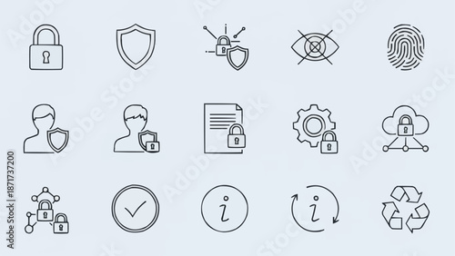 Cybersecurity icons set for digital protection and data safety.