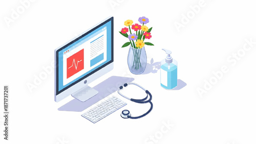 Healthcare computer setup with stethoscope, flowers, and hand sanitizer on a desk