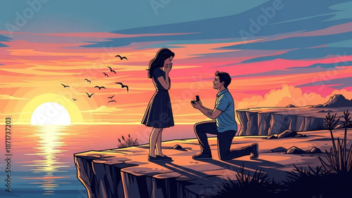Man Proposing to Woman on Cliff at Sunset