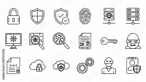 Cybersecurity icons set for digital protection and data security.