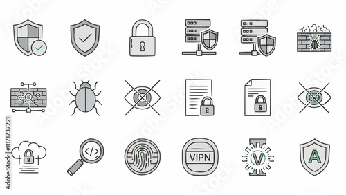 Cybersecurity icons set hand drawn digital security concepts.