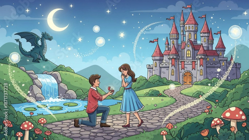 Man Proposing to Woman on Magical Pathway Leading to Fantasy Castle under Starry Night Sky