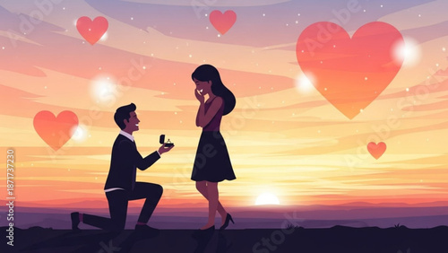 Man Proposing to Woman with Ring during Sunset Surrounded by Hearts