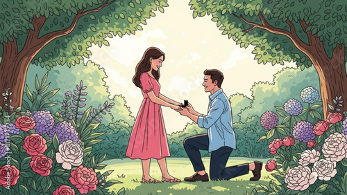 Man Proposing to Woman in Pink Dress under Blooming Trees in Garden