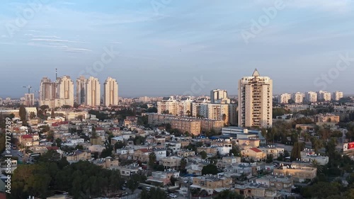 Aerial Sunrise Over Central Beersheba Skyline, Israe, Urban Cityscape at Dawn