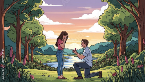 Man Proposing to Woman in Serene Cartoon Landscape during Sunset