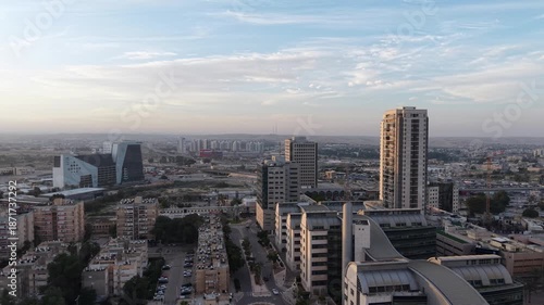Aerial Sunrise Over Central Beersheba Skyline, Israe, Urban Cityscape at Dawn
