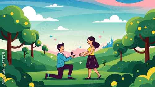 Man Proposing to Woman in a Serene Cartoon Park Landscape during Sunset
