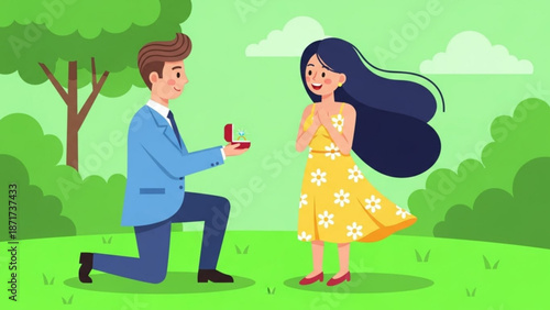 Man Proposing to Woman in Yellow Dress Kneeling in Green Park