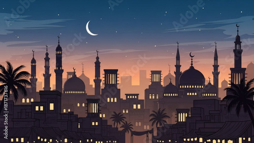 Islamic City Skyline with Mosques and Minarets at Dusk under Crescent Moon