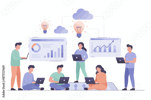 Teamwork Business Startup Illustration with Creative Team Collaboration and Growth Concept. This illustration represents a modern business startup teamwork concept, showing a diverse creative team col