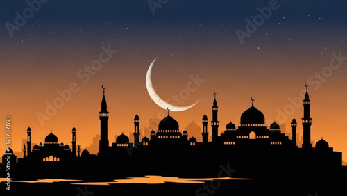Mosque Silhouette with Crescent Moon at Sunset over Water