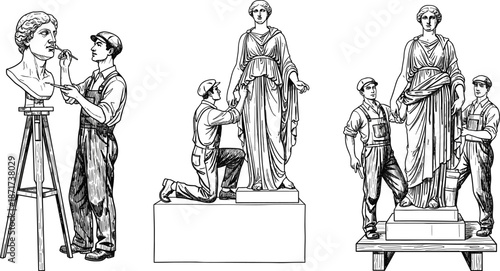 Sculptors restoring classical statues with tools on ladders and platforms, art conservation workshop scenes, antique sculpture repair vector illustration set