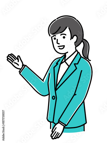 片手をあげてこちらへどうぞと案内するビジネススーツの女性、接客やサービスのイラスト