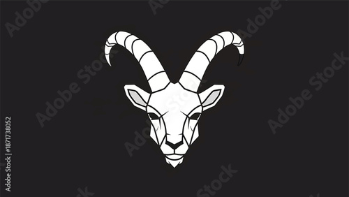 Detailed illustration of a goats head with curved horns, a symbol of strength.