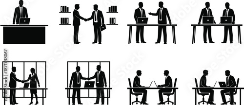 Business meeting and office teamwork silhouettes with executives handshake discussion and presentation scenes, corporate communication workflow icons, professional collaboration vector illustration se