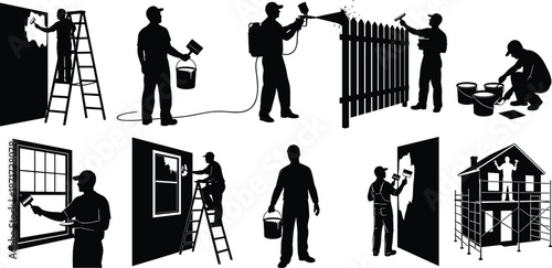 Home renovation and house painting silhouettes with workers repairing windows doors and walls, construction maintenance process icons, residential improvement vector illustration set