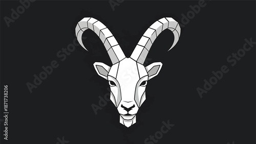 Detailed illustration of a goats head with prominent horns and a serious expression.