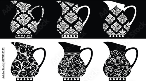 Decorative teapot icons set with floral and geometric patterns, black silhouette vector collection for kitchen decor, tea shop branding, homeware, packaging design projects