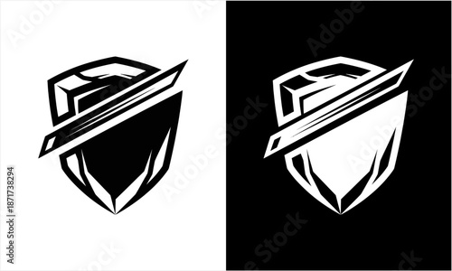 Monochromatic Shield and Sword Emblem for Security and Protection.
