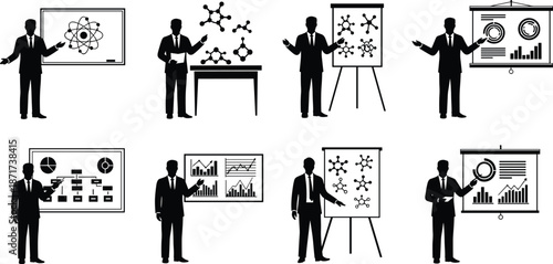 Business presentation icons set with analytics charts, marketing diagrams and corporate training scenes, black silhouette vector collection for strategy, management, workshop design projects
