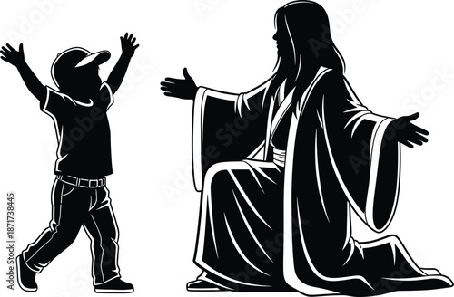Religious illustration of Jesus welcoming a joyful child, black silhouette spiritual scene showing love, blessing, faith, compassion, hope and Christian teaching moment