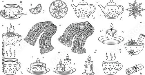 Set of cozy winter tea and coffee icons with candles mittens citrus and teapots, hand drawn hygge lifestyle collection isolated black and white vector
