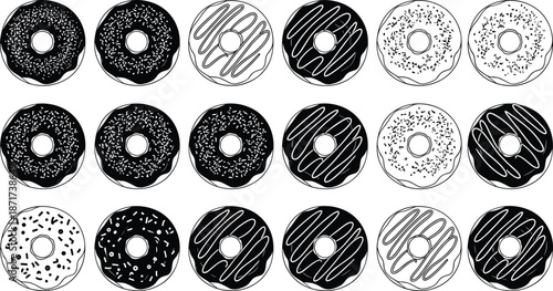 Set of hand drawn donut icons with chocolate glaze sprinkles and icing patterns, black and white dessert collection for bakery branding isolated vector illustration