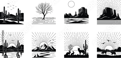 Set of desert landscape silhouettes with mountains trees wildlife and sun rays, western nature scenes collection, black and white outdoor adventure illustration isolated vector